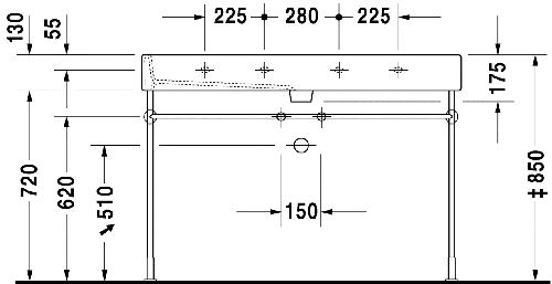 Immagine di Duravit Vero lavabo consolle 120 cm senza troppopieno tre fori, con bordo per rubinetteria, lato inferiore smaltato, bianco 0454120044