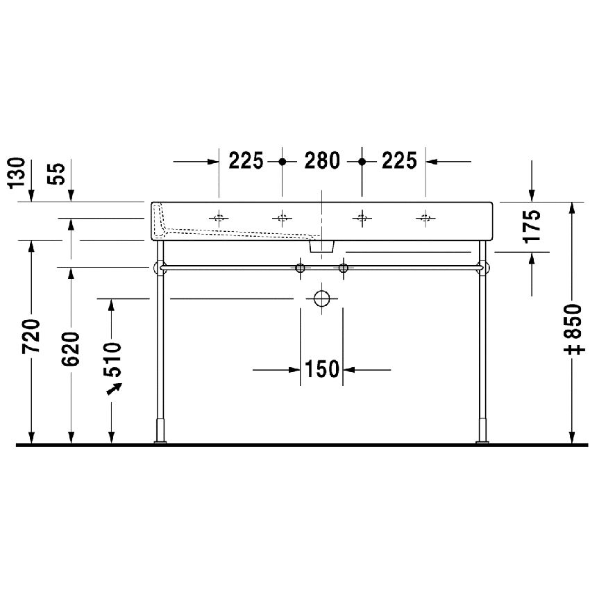 Immagine di Duravit Vero lavabo consolle 120 cm senza troppopieno tre fori, con bordo per rubinetteria, lato inferiore smaltato, bianco 0454120044