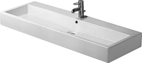 Immagine di Duravit Vero lavabo consolle 120 cm senza troppopieno tre fori, con bordo per rubinetteria, lato inferiore smaltato, bianco 0454120044