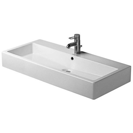 Immagine di Duravit Vero lavabo consolle 100 cm senza troppopieno senza foro, con bordo per rubinetteria, lato inferiore smaltato, bianco 0454100070