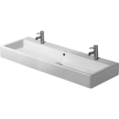 Immagine di Duravit Vero lavabo consolle 120 cm senza troppopieno due fori distanziati per due rubinetterie, monocomando con bordo per rubinetteria, bianco 0454120043