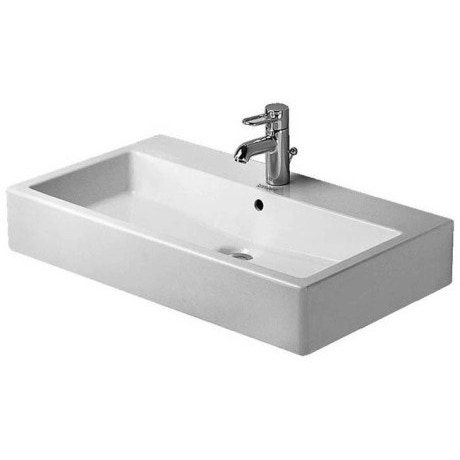 Immagine di Duravit Vero lavabo consolle 80 cm senza troppopieno tre fori, con bordo per rubinetteria, lato inferiore smaltato, bianco 0454800044