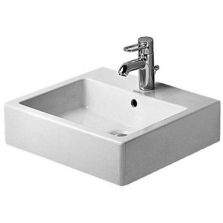 Immagine di Duravit Vero lavabo consolle 50 cm senza troppopieno senza foro, con WonderGliss, con bordo per rubinetteria, lato inferiore smaltato, bianco 04545000701