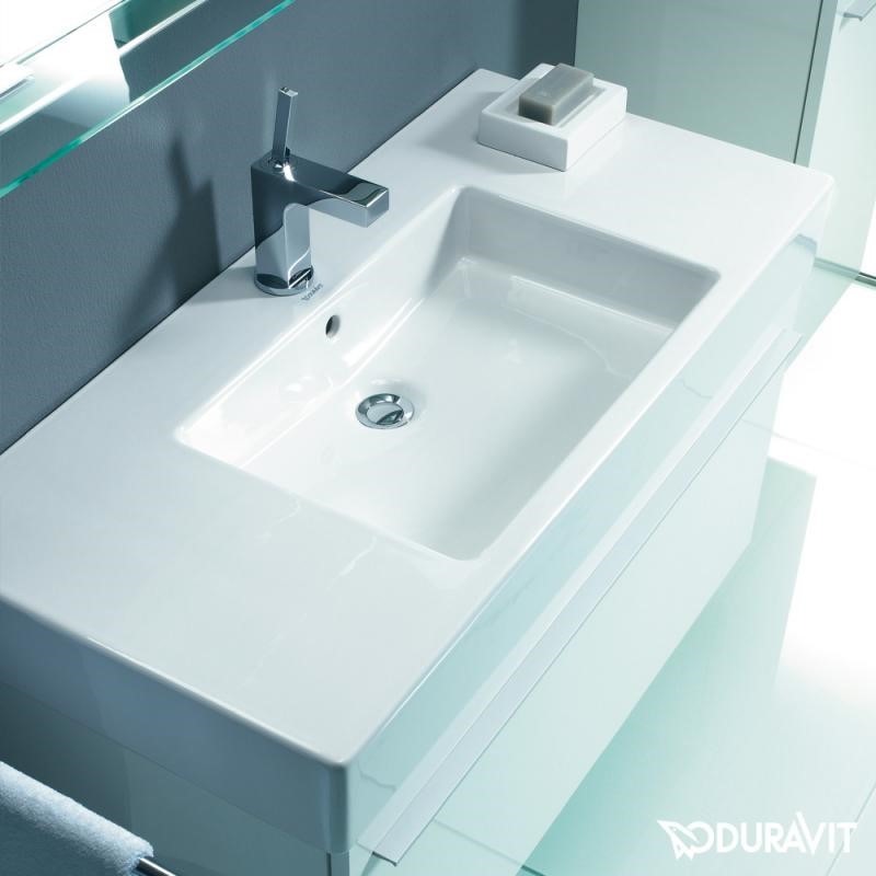 Immagine di Duravit Vero lavabo consolle 125 cm, senza troppopieno tre fori, con WonderGliss, con bordo per rubinetteria, bianco 03291200441