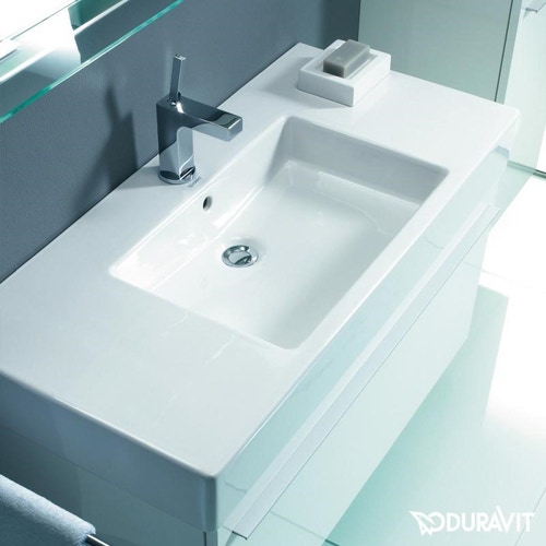 Immagine di Duravit VERO lavabo consolle 85 cm, monoforo, con troppopieno, WonderGliss, colore bianco 03298500001
