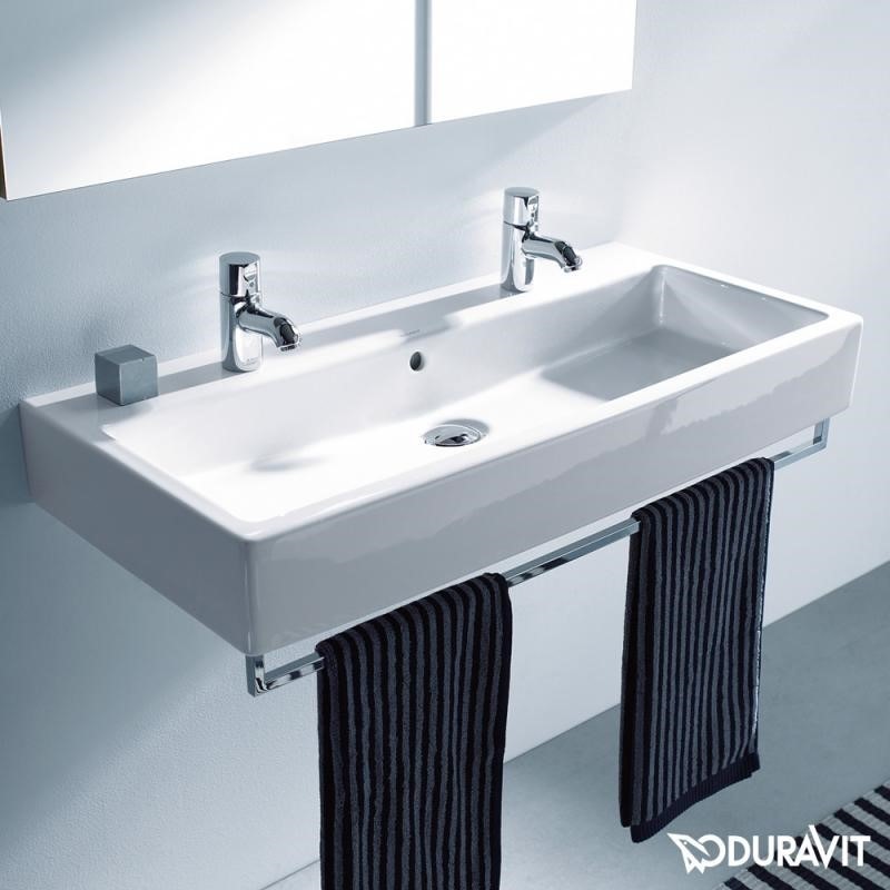 Immagine di Duravit VERO lavabo rettificato 100 cm, con due fori per due rubinetterie monocomando, con troppopieno, WonderGliss, colore bianco 04541000261