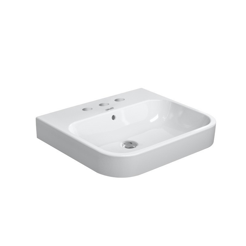 Immagine di Duravit HAPPY D.2 lavabo consolle rettificato 60 cm, con 3 fori per rubinetteria, con troppopieno, WonderGliss, colore bianco 23186000251