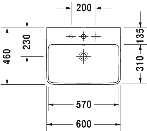 Immagine di Duravit ME BY STARCK lavabo 60 cm con 3 fori per rubinetteria, con troppopieno, con bordo per rubinetteria, lato inferiore smaltato, colore bianco 2335600030