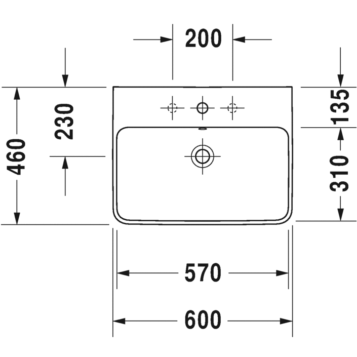 Immagine di Duravit ME BY STARCK lavabo 60 cm con 3 fori per rubinetteria, con troppopieno, con bordo per rubinetteria, lato inferiore smaltato, colore bianco 2335600030