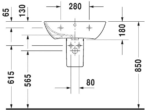 Immagine di Duravit ME BY STARCK lavabo 60 cm con 3 fori per rubinetteria, con troppopieno, con bordo per rubinetteria, lato inferiore smaltato, colore bianco 2335600030