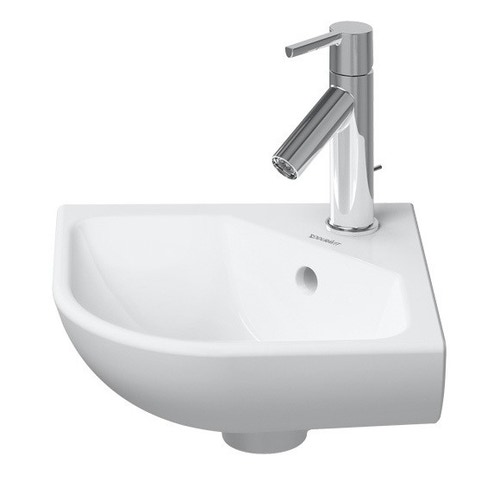 Immagine di Duravit ME BY STARCK lavamani d'angolo 43.5 cm monoforo, con troppopieno, con bordo per rubinetteria, lato inferiore smaltato, WonderGliss, colore bianco 07224300001