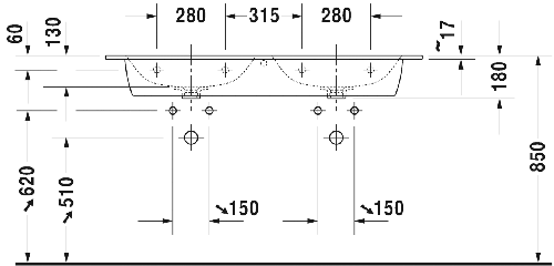 Immagine di Duravit ME BY STARCK lavabo consolle doppio 130 cm con 3 fori per rubinetteria, con troppopieno, con bordo per rubinetteria, WonderGliss, colore bianco finitura opaco 23361332301
