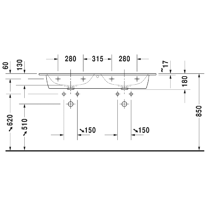 Immagine di Duravit ME BY STARCK lavabo consolle doppio 130 cm con 3 fori per rubinetteria, con troppopieno, con bordo per rubinetteria, WonderGliss, colore bianco finitura opaco 23361332301