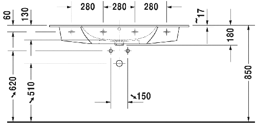 Immagine di Duravit ME BY STARCK lavabo consolle 123 cm con 3 fori per rubinetteria, con troppopieno, con bordo per rubinetteria, colore bianco 2336120030