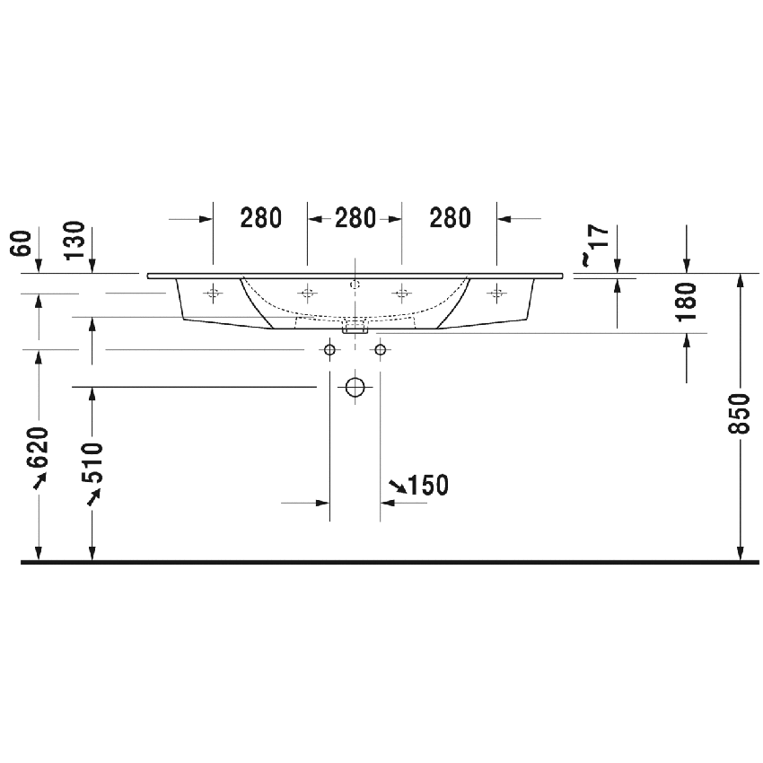 Immagine di Duravit ME BY STARCK lavabo consolle 123 cm con 3 fori per rubinetteria, con troppopieno, con bordo per rubinetteria, colore bianco 2336120030