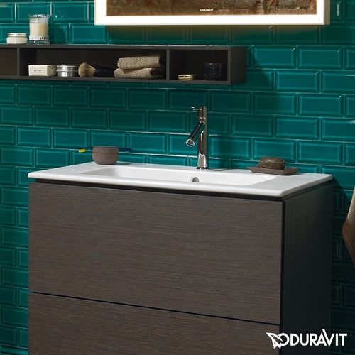 Immagine di Duravit ME BY STARCK lavabo consolle 83 cm monoforo, con troppopieno, con bordo per rubinetteria, WonderGliss, colore bianco 23368300001