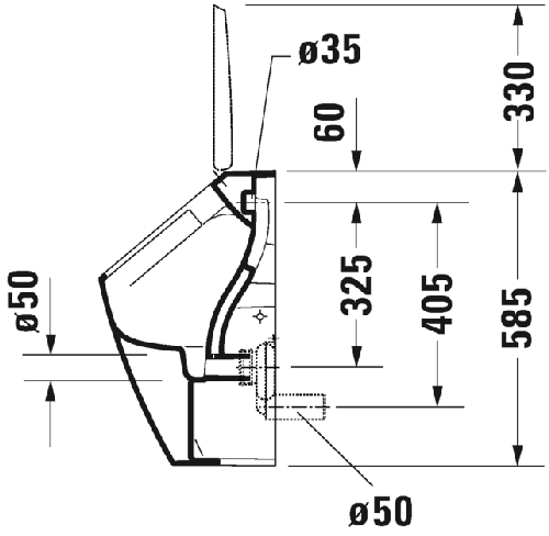 Immagine di Duravit ME BY STARCK orinatoio Rimless®, senza brida, entrata posteriore nascosta, ad aspirazione, scarico orizzontale, versione per coperchio, senza mosca, interno colore bianco finitura lucido, HygieneGlaze, esterno colore bianco finitura opaco 2812309000
