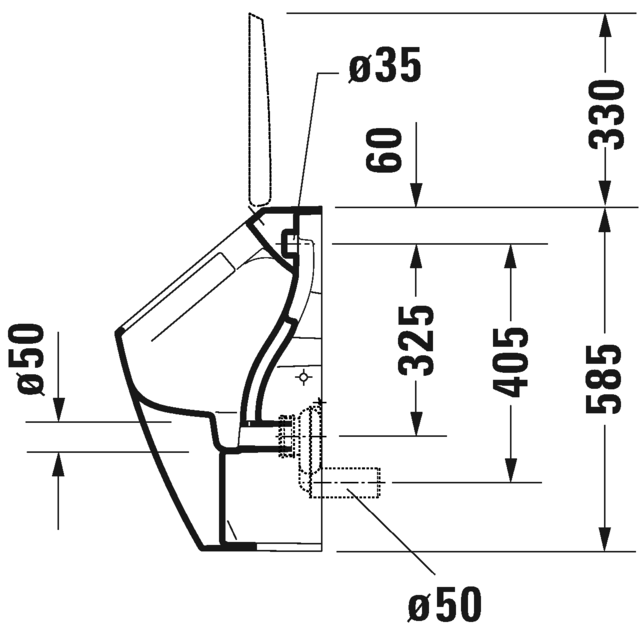Immagine di Duravit ME BY STARCK orinatoio Rimless®, senza brida, entrata posteriore nascosta, ad aspirazione, scarico orizzontale, versione per coperchio, senza mosca, interno colore bianco finitura lucido, HygieneGlaze, esterno colore bianco finitura opaco 2812309000