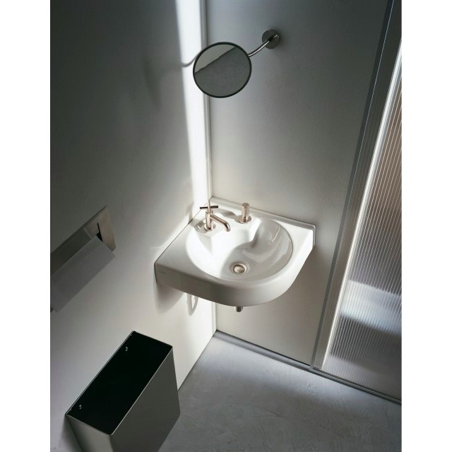 Immagine di Duravit ARCHITEC lavabo d'angolo 63.5 cm monoforo con foro diaframmato per dispenser portasapone a destra, senza troppopieno, con bordo per rubinetteria, lato inferiore smaltato, colore bianco 0448450000