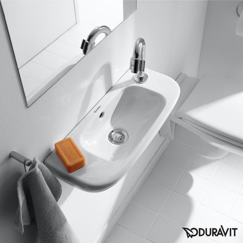 Immagine di Duravit D-CODE lavamani con foro per rubinetteria a destra, con troppopieno e bordo per rubinetteria, lato inferiore smaltato, colore bianco 0706500008