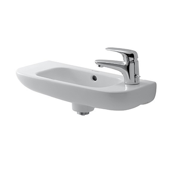 Immagine di Duravit D-CODE lavamani con foro per rubinetteria a destra, con troppopieno e bordo per rubinetteria, lato inferiore smaltato, colore bianco 0706500008