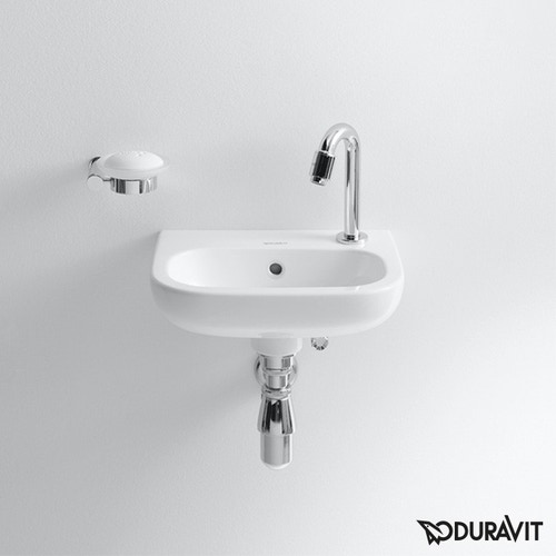 Immagine di Duravit D-CODE lavamani monoforo con foro rubinetteria a destra, con troppopieno e bordo per rubinetteria, lato inferiore smaltato, colore bianco 0705360008