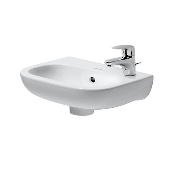Immagine di Duravit D-CODE lavamani monoforo con foro rubinetteria a destra, con troppopieno e bordo per rubinetteria, lato inferiore smaltato, colore bianco 0705360008