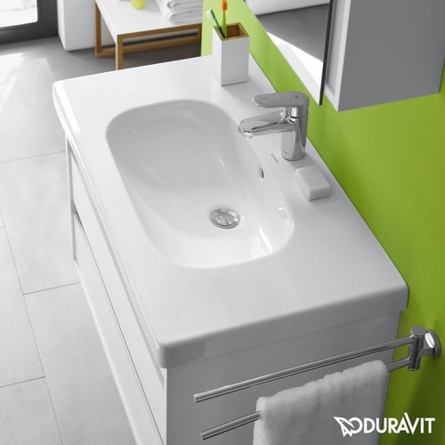 Immagine di Duravit D-CODE lavabo consolle 105 cm monoforo, con troppopieno e bordo per rubinetteria, lato inferiore smaltato, colore bianco 03421000002