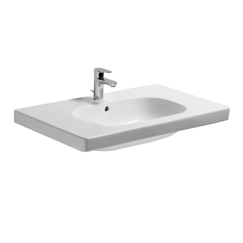 Immagine di Duravit D-CODE lavabo consolle 85 cm monoforo, con troppopieno e bordo per rubinetteria, lato inferiore smaltato, colore bianco 03428500002