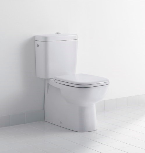 Immagine di Duravit D-CODE vaso monoblocco a pavimento a cacciata, con brida di risciacquo, cassetta non inclusa, per set di allacciamento Vario o per curva di scarico verticale per allacciamento Vario, UWL classe 2, colore bianco 2118090000