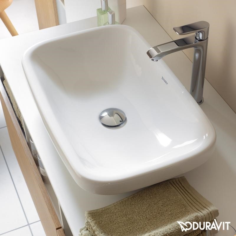Immagine di Duravit DURASTYLE bacinella da appoggio soprapiano 60 cm senza foro per rubinetteria, con rettifica, senza troppopieno, senza bordo per rubinetteria, colore bianco 0349600000