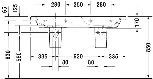 Immagine di Duravit DURASTYLE lavabo consolle doppio 130 cm con 3 fori per rubinetteria, con troppopieno e con bordo per rubinetteria, lato inferiore smaltato, WonderGliss, colore bianco 23381300301