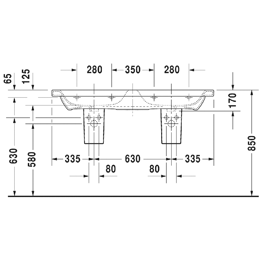 Immagine di Duravit DURASTYLE lavabo consolle doppio 130 cm con 3 fori per rubinetteria, con troppopieno e con bordo per rubinetteria, lato inferiore smaltato, WonderGliss, colore bianco 23381300301