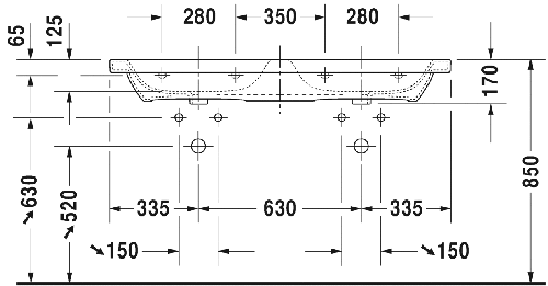 Immagine di Duravit DURASTYLE lavabo consolle doppio 130 cm con 3 fori per rubinetteria, con troppopieno e con bordo per rubinetteria, lato inferiore smaltato, WonderGliss, colore bianco 23381300301