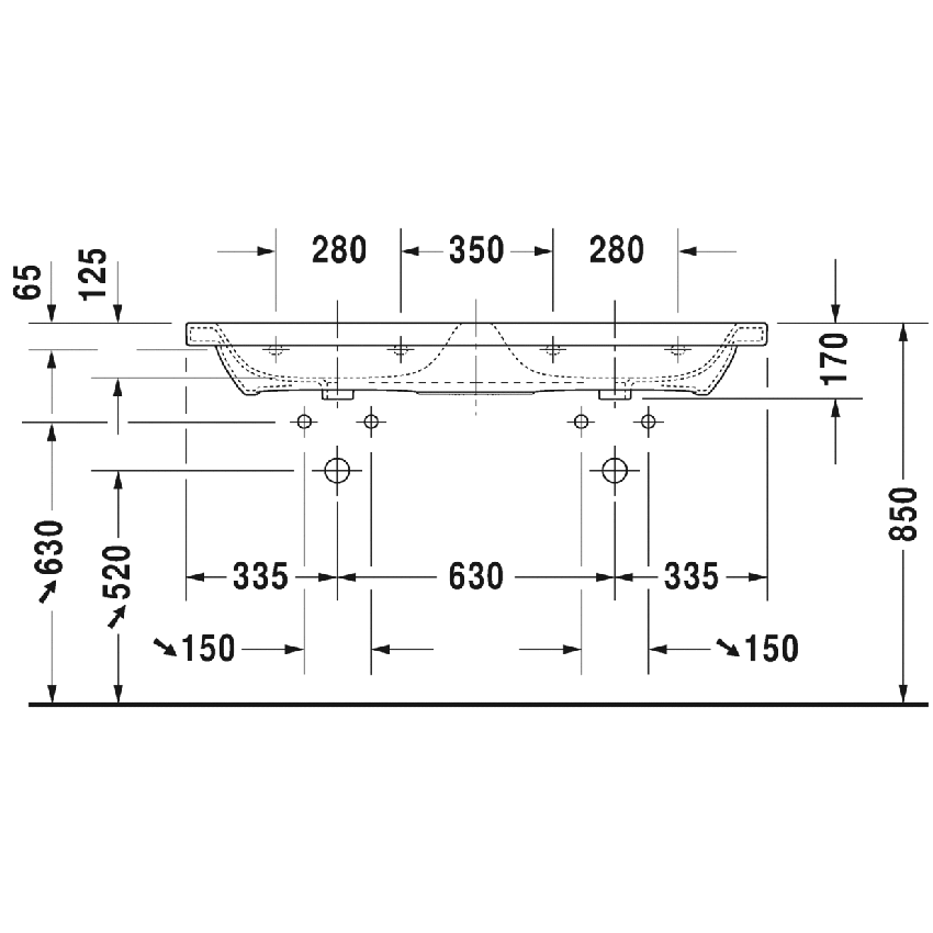 Immagine di Duravit DURASTYLE lavabo consolle doppio 130 cm con 3 fori per rubinetteria, con troppopieno e con bordo per rubinetteria, lato inferiore smaltato, WonderGliss, colore bianco 23381300301