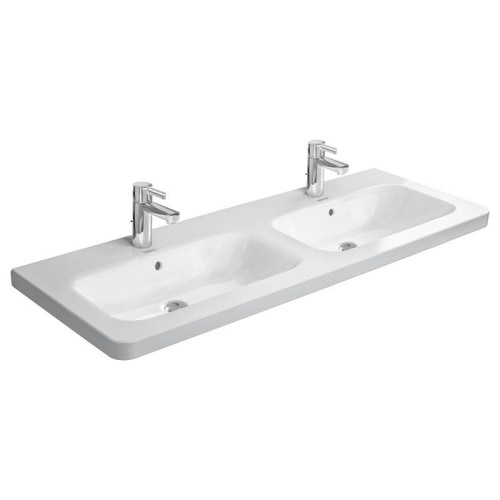 Immagine di Duravit DURASTYLE lavabo consolle doppio 130 cm monoforo, con troppopieno e con bordo per rubinetteria, lato inferiore smaltato, colore bianco 2338130000