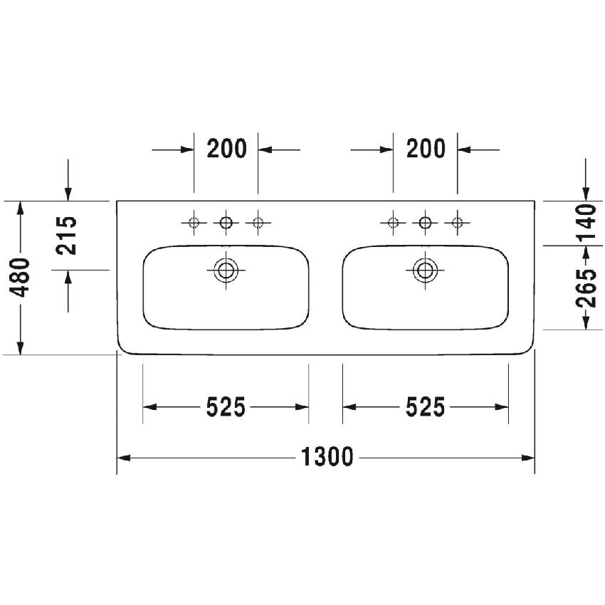 Immagine di Duravit DURASTYLE lavabo consolle doppio 130 cm con 3 fori per rubinetteria, con troppopieno e con bordo per rubinetteria, lato inferiore smaltato, WonderGliss, colore bianco 23381300301
