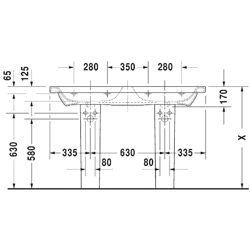 Immagine di Duravit DURASTYLE lavabo consolle doppio 130 cm con 3 fori per rubinetteria, con troppopieno e con bordo per rubinetteria, lato inferiore smaltato, WonderGliss, colore bianco 23381300301