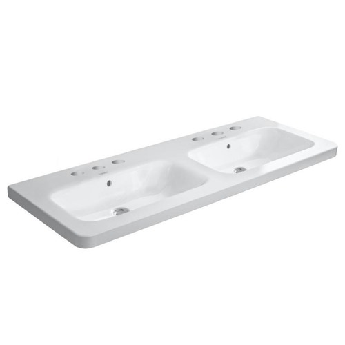 Immagine di Duravit DURASTYLE lavabo consolle doppio 130 cm con 3 fori per rubinetteria, con troppopieno e con bordo per rubinetteria, lato inferiore smaltato, WonderGliss, colore bianco 23381300301