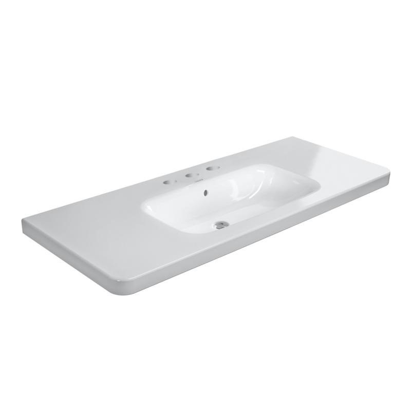 Immagine di Duravit DURASTYLE lavabo consolle 120 cm con 3 fori per rubinetteria, con troppopieno e con bordo per rubinetteria, lato inferiore smaltato, colore bianco 2320120030