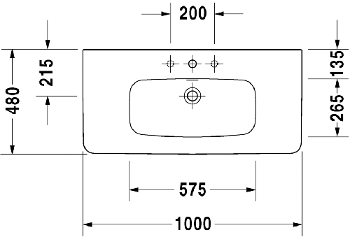 Immagine di Duravit DURASTYLE lavabo consolle 100 cm con 3 fori per rubinetteria, con troppopieno e con bordo per rubinetteria, lato inferiore smaltato, colore bianco 2320100030