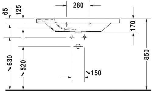 Immagine di Duravit DURASTYLE lavabo consolle 100 cm con 3 fori per rubinetteria, con troppopieno e con bordo per rubinetteria, lato inferiore smaltato, colore bianco 2320100030