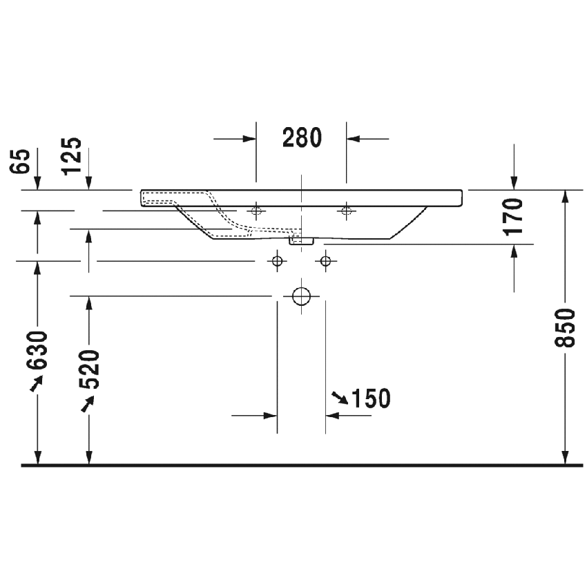 Immagine di Duravit DURASTYLE lavabo consolle 100 cm con 3 fori per rubinetteria, con troppopieno e con bordo per rubinetteria, lato inferiore smaltato, colore bianco 2320100030