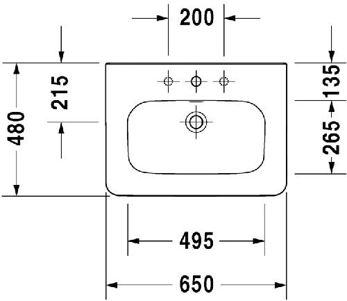 Immagine di Duravit DURASTYLE lavabo consolle 65 cm con 3 fori per rubinetteria, con troppopieno e con bordo per rubinetteria, lato inferiore smaltato, WonderGliss, colore bianco 23206500301