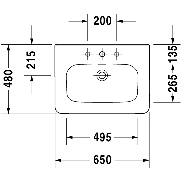 Immagine di Duravit DURASTYLE lavabo consolle 65 cm con 3 fori per rubinetteria, con troppopieno e con bordo per rubinetteria, lato inferiore smaltato, WonderGliss, colore bianco 23206500301