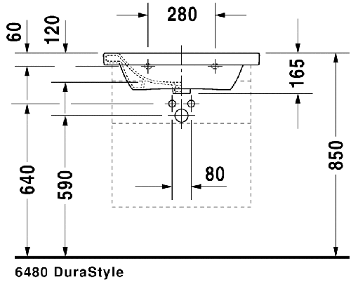 Immagine di Duravit DURASTYLE lavabo consolle 65 cm con 3 fori per rubinetteria, con troppopieno e con bordo per rubinetteria, lato inferiore smaltato, WonderGliss, colore bianco 23206500301