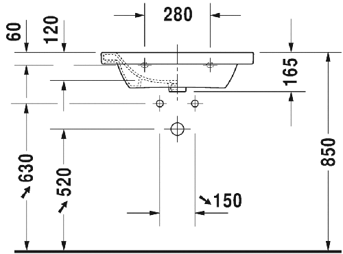 Immagine di Duravit DURASTYLE lavabo consolle 65 cm con 3 fori per rubinetteria, con troppopieno e con bordo per rubinetteria, lato inferiore smaltato, WonderGliss, colore bianco 23206500301