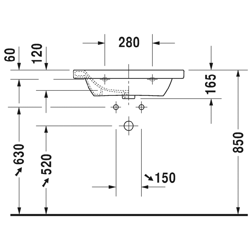 Immagine di Duravit DURASTYLE lavabo consolle 65 cm con 3 fori per rubinetteria, con troppopieno e con bordo per rubinetteria, lato inferiore smaltato, WonderGliss, colore bianco 23206500301