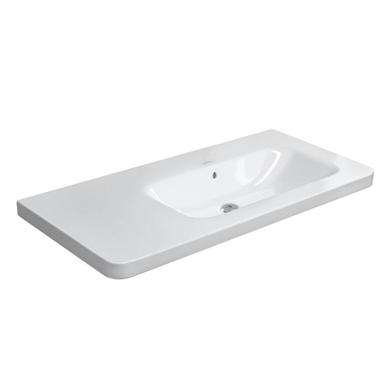 Immagine di Duravit DURASTYLE lavabo consolle asimmetrico 100 cm senza foro per rubinetteria, con bacino a destra, con troppopieno e bordo per rubinetteria, WonderGliss, colore bianco 23261000601