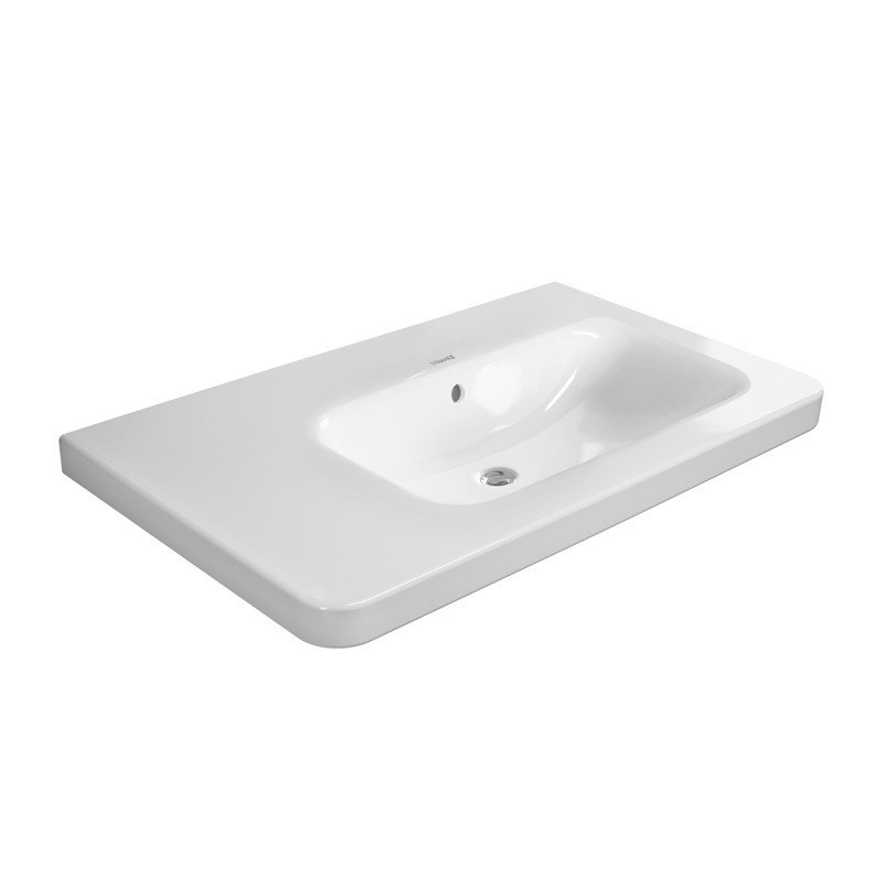 Immagine di Duravit DURASTYLE lavabo consolle asimmetrico 80 cm senza foro per rubinetteria, con bacino a destra, con troppopieno e bordo per rubinetteria, lato inferiore smaltato, colore bianco 2326800060